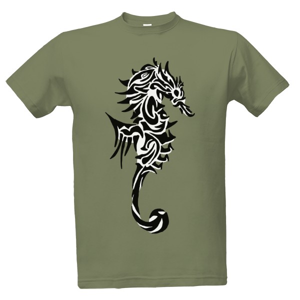 Tričko s potiskem Mořský koník drak tribal černá bílá 